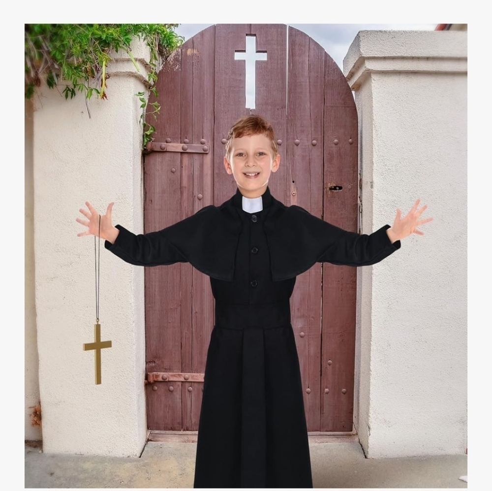 Children's Black Priest Costume with Gold Cross - Picture 4 of 16